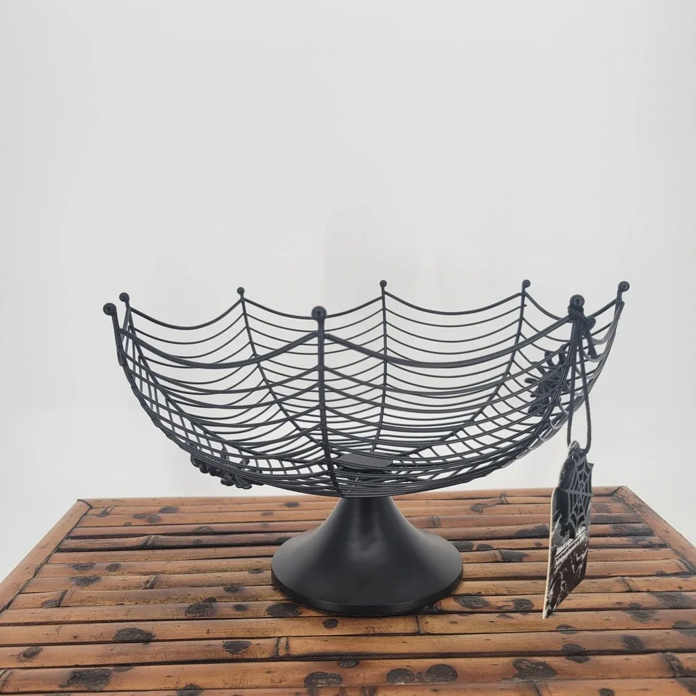 Black Metal Spider Web Pedestal Bowl Halloween Gothic Decor Handcrafted 12in